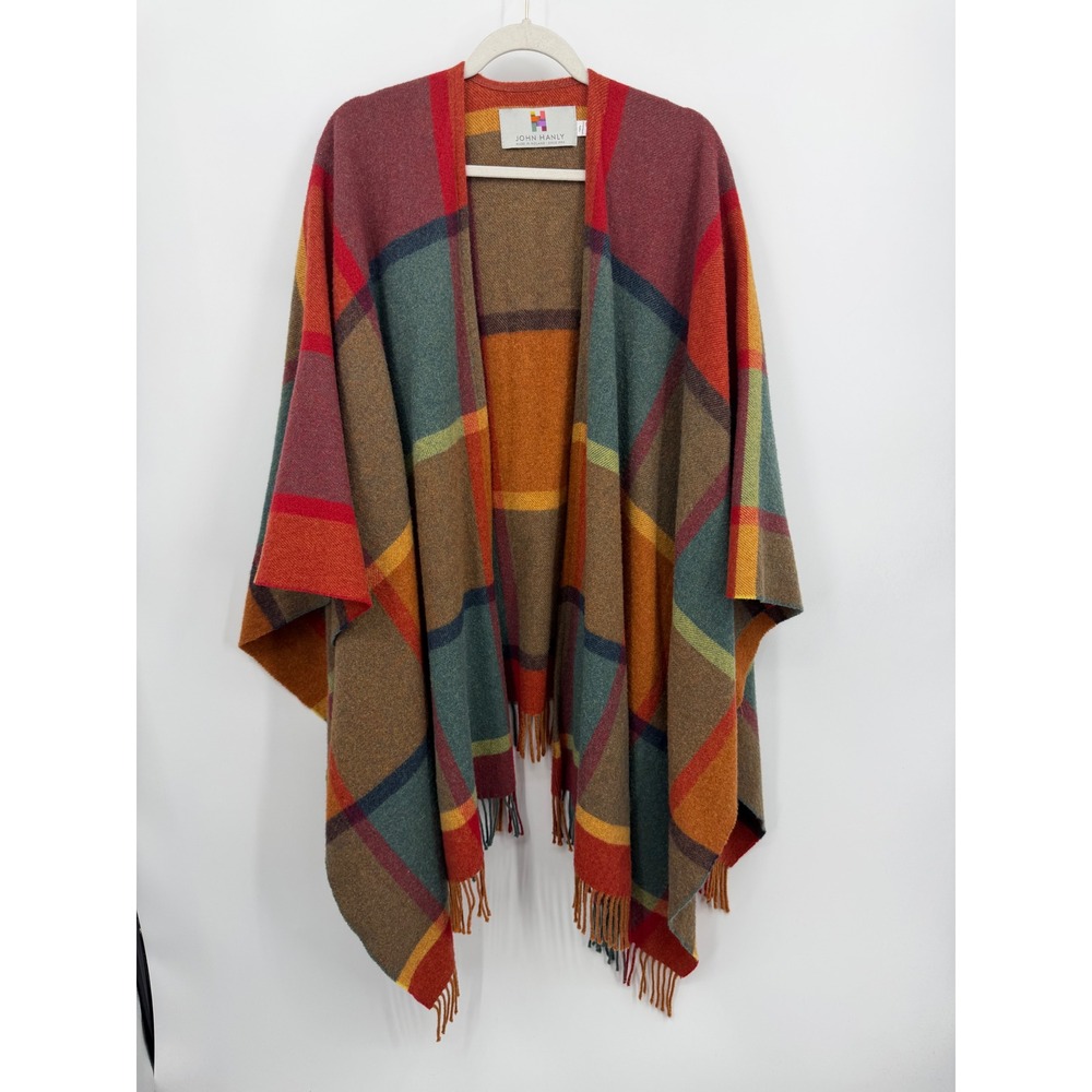 John Hanly Cape Women One Size Multicolor Plaid 100% Lambswool Made in Ireland